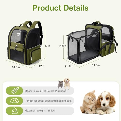 Large Cat Backpack Carrier Expandable Pet Carrier Backpack for Small Dogs Medium Cats Fit Up to 18 Lbs (Dark Green)