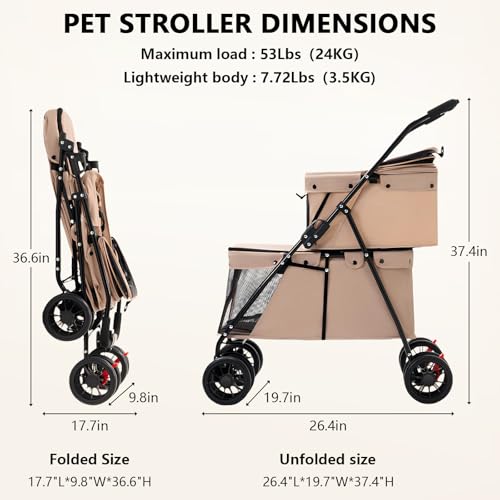 Double Pet Stroller for Medium Small Dogs and Cats Easy (Brown)