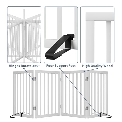Wooden Dog Gate Freestanding Foldable Pet Gate 4 Panel Fully Assembled Dog Gates for Doorways House Stairs (White / 4 Panel - 74 inches Wide)