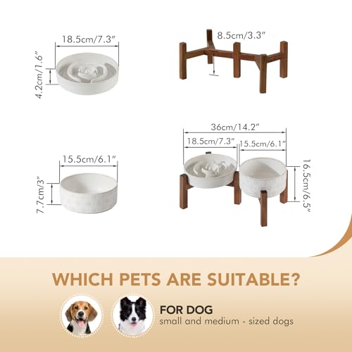 Raised Slow Feeder Dog Bowls (2 x White + Stand - A / M- 7.3inch / 1.2 Cups)