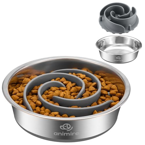 2-in-1 Metal Dog Bowl with Slow Feeder Insert, Stainless Steel Dog Bowls Food Grade 304, Water Food Bowl with Anti-Slip Silicone Base for Small, Medium, Large Breed Dogs (1 Cup / Grey)