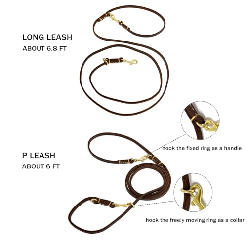 Multi Function 8ft Genuine Leather Hands Free Dog Training Leash for Puppy Small and Medium Dogs (Brown / 8ft*3/8inch)