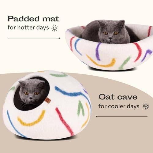 Cat Cave Merino Wool Bed for Indoor Cats (Ivory Rainbow / Medium)