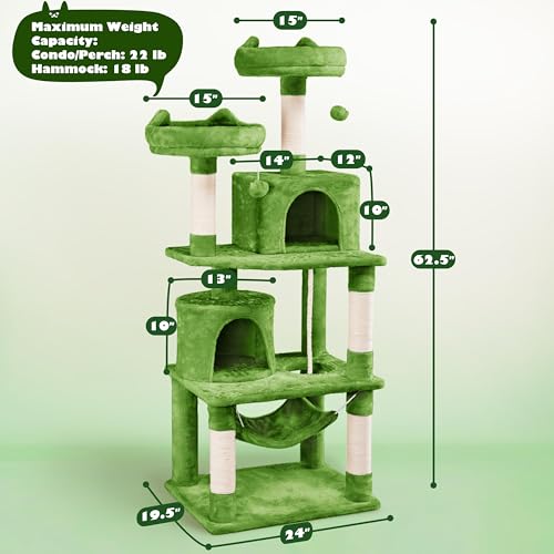 62.5inches Cat Tree Cat Tower Kitten Condo with Platform & Hammock (62.5in / Green)