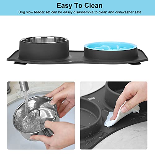 Slow Feeder Dog Bowls 3 in 1 Stainless Steel Food Water Bowl to Slow Eating (Small ＆ Medium Breed / Dark Grey)