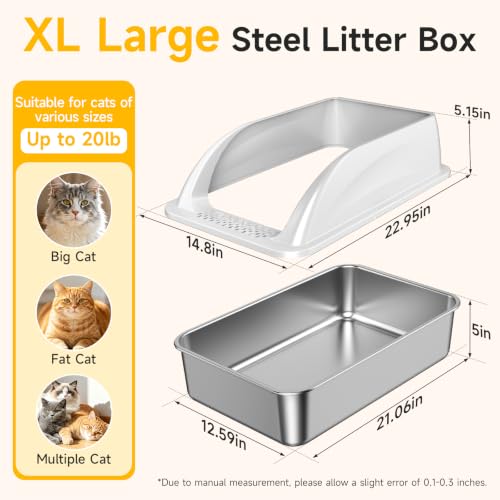 XL Open Top Stainless Steel Litter Box with High Sides (Light Gray-1Pack)