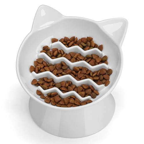 Ceramic Slow Feeder Cat Bowl (White-Cute kitten / 2 Cups)