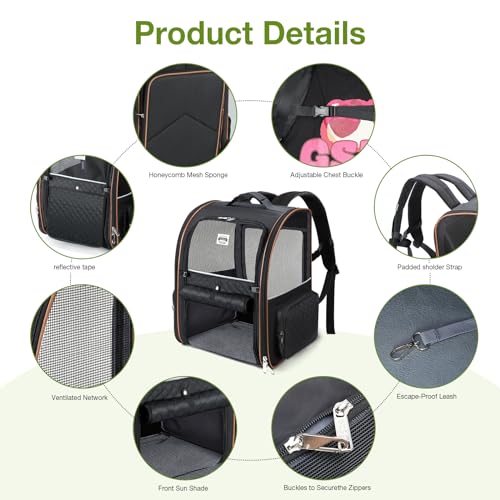 Large Cat Backpack Carrier Expandable Pet Carrier Backpack for Small Dogs Medium Cats Fit Up to 18 Lbs (Black)