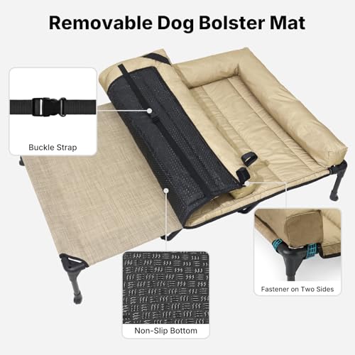 Outdoor Elevated Dog Bed with Waterproof Bolster Cushion (Beige Coffee / 59.0"L x 37.5"W x 9.0"Th)