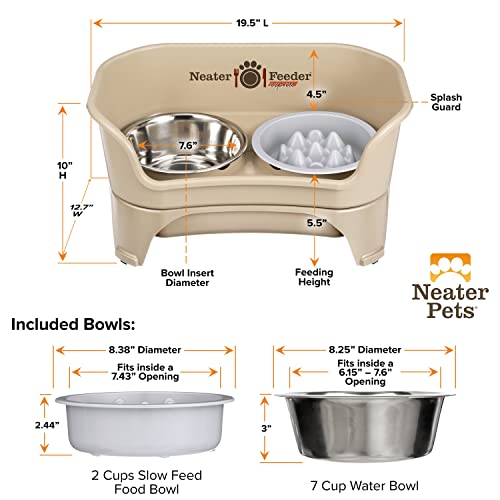 Express Mess Proof Dog Bowls Elevated for Medium and Large Breed (Medium to Large w/ 9 Peak Slow Feed Bowl / Almond)