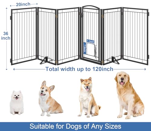 Full Metal Freestanding Dog Gate with Cat Door for Indoor & Outdoor (Black / 【6 Panels with Door】120"W×36"H)