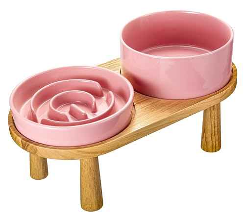 Ceramic Slow Feeder and Water Bowl Set for Small Dogs (Pink / 6" D)
