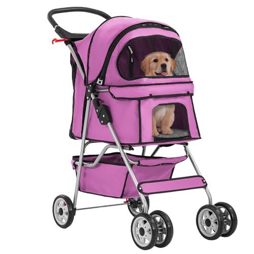 4 Wheel Foldable Pet Stroller (Pink / 4 Wheels)