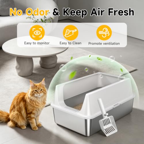 XL Open Top Stainless Steel Litter Box with High Sides (Gray-1Pack)