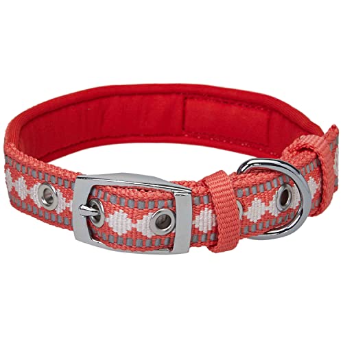Reflective Jacquard Dog Collar with Neoprene Padding & Metal Buckle (Small / Metal Buckle-Coral)