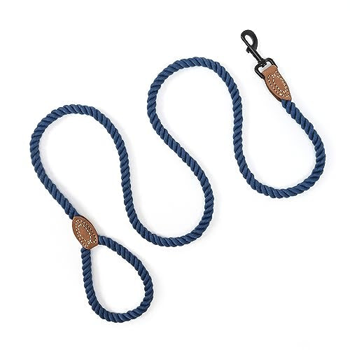 Dog Leash Braided Cotton Rope with Leather (Navy / 72 Inch-1/2")