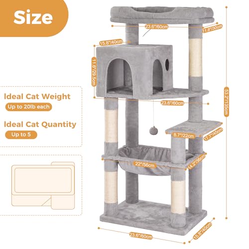 53”Cat Tree with Hammock & Extra Large Bed 23x12” for Large Cats (XLarge-53" / Gray)