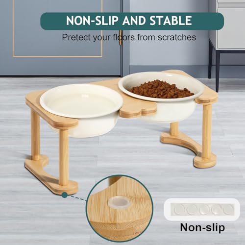 Elevated Ceramic Dog Bowl with Stand (Double Bowls+Stand (Cream White) / M-28OZ)