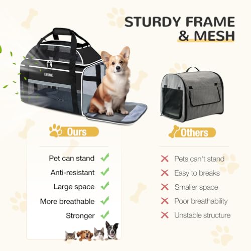 Top Expandable Pet Carrier 17x11x9.5 Inch Alaska Hawaiian Airline Approved Soft Sided Underseat to 12lbs Travel Carriers for Small Dogs and Cats with Locking Safety Zippers Anti (Black)