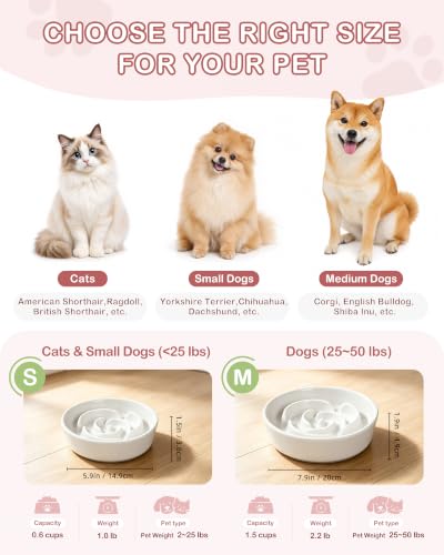 Ceramic Slow Feeder Dog Bowls Small Breed (S-0.6 Cups / 01-White)