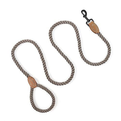 Dog Leash Braided Cotton Rope with Leather (Camel / 60 Inch-1/2")