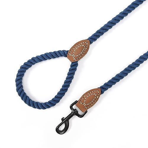Dog Leash Braided Cotton Rope with Leather (Navy / 48 Inch-1/2")