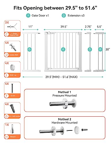 30" Tall Baby Gate for Stairs Doorways (30"Tall 51.6"Wide / White)