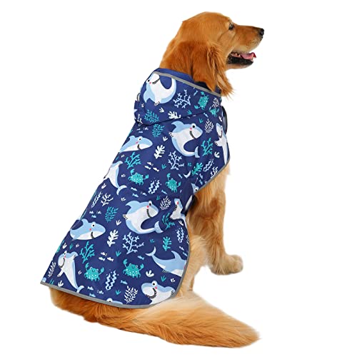 2-in-1 Reversible Dog Raincoat Hooded Poncho Rain Jacket Bl Sharks L (Large / Sharks)