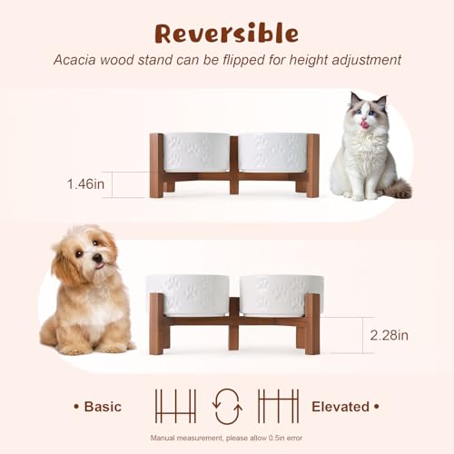 Ceramic Elevated Dog Bowl Set with Acacia Wood Stand for Food and Water for Cats and Small Dogs (13.52 Oz / Dog Paw White)