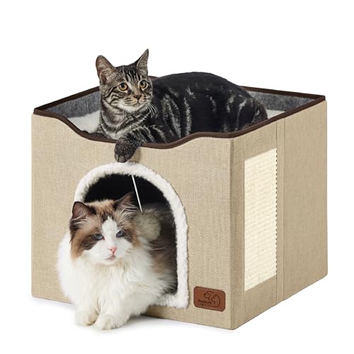 Cat House Bed for Indoor Cats with Fluffy Ball and Scratch Pad (Brown / Single)