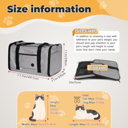 25lbs Cat Carrier Lightproof Soft Sided Pet Carrier for Large Cat (17.5"L x 11.0"W x 11.0"H / Grey)