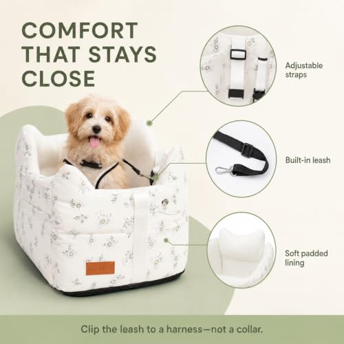 Center Console Dog Car Seat Safe Travel for Small Dogs Under 15 lbs (Off White)