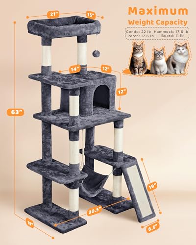 63in Sturdy Large Cat Tree for Indoor Heavy Cats (Dark Gray / 63in)