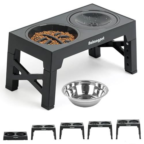 3-in-1 Elevated Slow Feeder Dog Bowls for Food and Water, 5 Heights Adjustable Raised Dog Bowls, Non-Slip, No Spill, for Small Medium Large Dogs and Cats(Grey) (3Pcs-Grey)