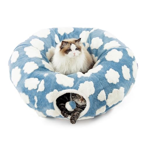 Lesure Donut Cute Jacquard Cat Tunnel Bed Kitten Toys for Puppy Bunny (Standard (33.5"L x 33.5"W x 10"H) / Cozy Clouds Blue)