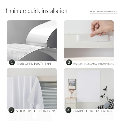 Blackout Curtains with Self Adhesive Tape No Rod No Drill Easy Install Window Cover for Bedroom Kitchen Dorm 46" W x 79" L White 1 Panel (46"W x 79"L (Pack of 1) / White)