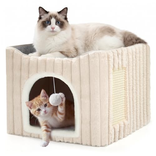 3-in-1 Cat Cave Bed for Indoor Cats with Scratch Pad (Cream)
