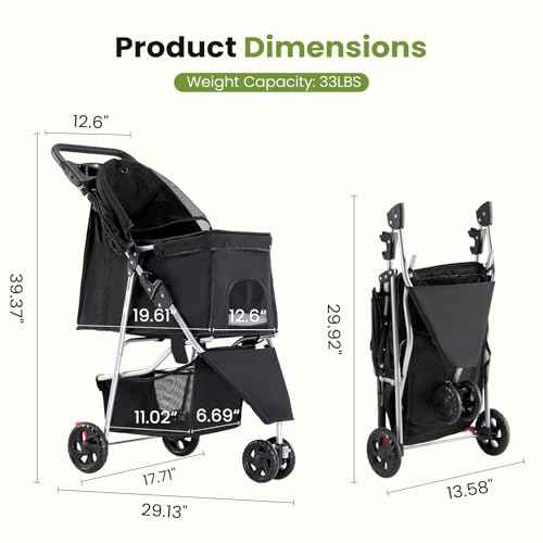 3 Wheel Foldable Pet Stroller for Dogs and Cats (Black / 29.13"×39.37"×17.71")