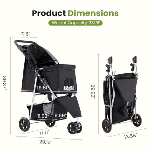 3 Wheels Pet Stroller for Small Dogs and Cats (Black / 29.2"x17.7"x 39.4")
