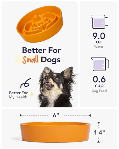 Ceramic Slow Feeder Dog Bowls Small Breed (Pumpkin Orange / S-0.6 Cups)