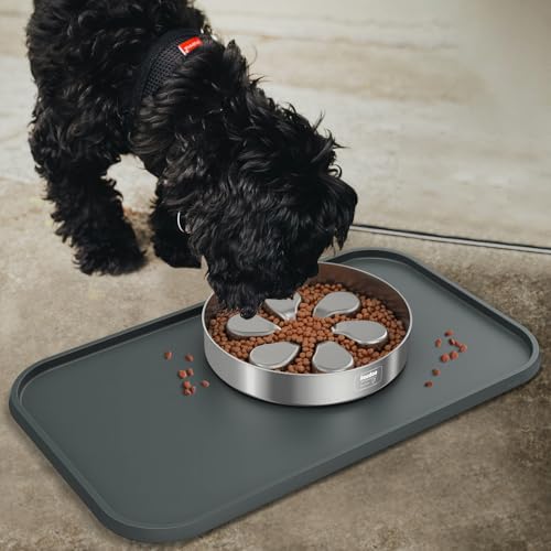 Pet Feeding Mat [Warped Resistant Raised Edge] (18.5"L x 11.5"W / Gray)