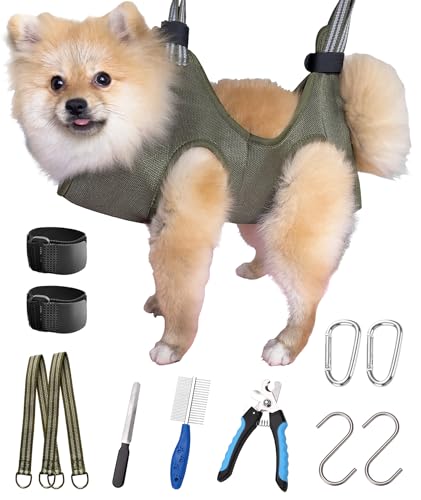 10 in 1 Dog Pet Grooming Hammock Harness with Nail Clippers (XS/Under 12 lb / Khaki Green)