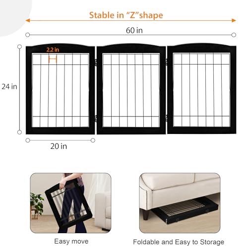3 Panel Freestanding Foldable Wooden Dog Gate (24"Height-3 Panel / Black)