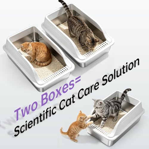 High Sided Stainless Steel XL Cat Litter Box for Cats (Grey XL 2 pack)