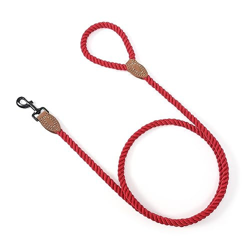 Dog Leash Braided Cotton Rope with Leather (Red / 48 Inch-1/2")