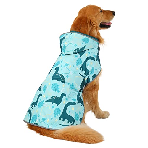 2-in-1 Reversible Dog Raincoat Hooded Poncho Rain Jacket Teal Dino XL (X-Large / Dinosaurs)