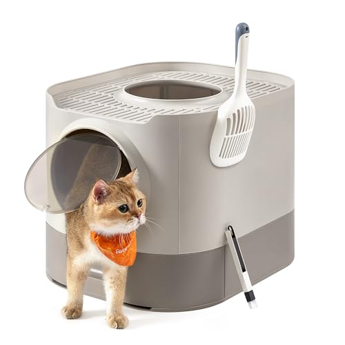 Cat Litter Box with Lid (21.3"L x 16.9"W x 15.7"H / Oatmeal + Warm Gray)