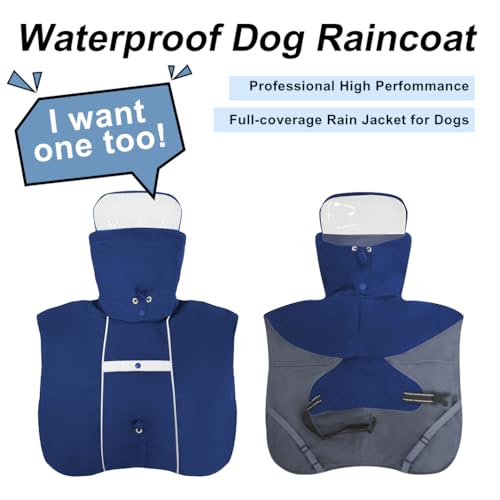 Pet Dog Raincoat Jacket Large Dog Rain Poncho with Transparent Hood (Dark Blue / L-Fit for 6-12 lbs)