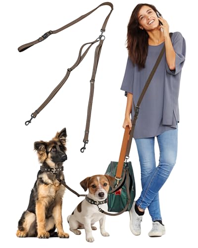 3-in-1 Double Dog Leash, Hands-Free Convertible Leash for 1 or 2 Dogs (Brown)