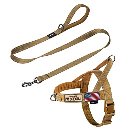 No Pull Dog Harness with Padded Handle+5 Ft Leash (M / Brown Set)